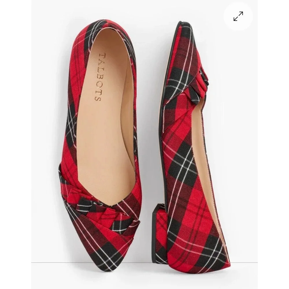 Talbots Edison Pleated Holiday Plaid‎ Pointed Toe Bow Flats Slip On Block - 8.5
